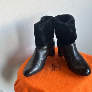 Salvatore Ferragamo Black Leather Ankle Boots with Fur Trim